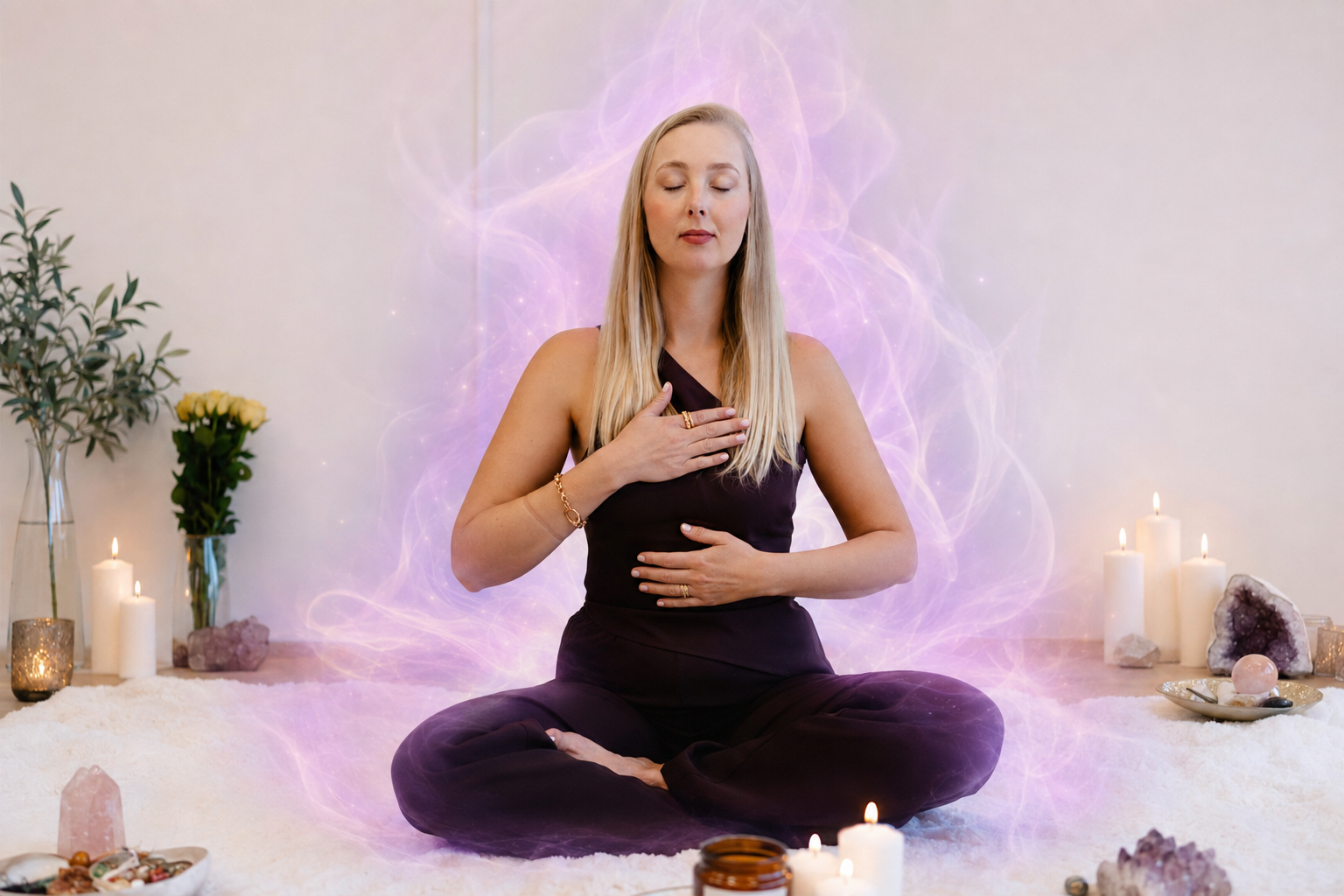 Woman meditating surrounded by violet flame energy