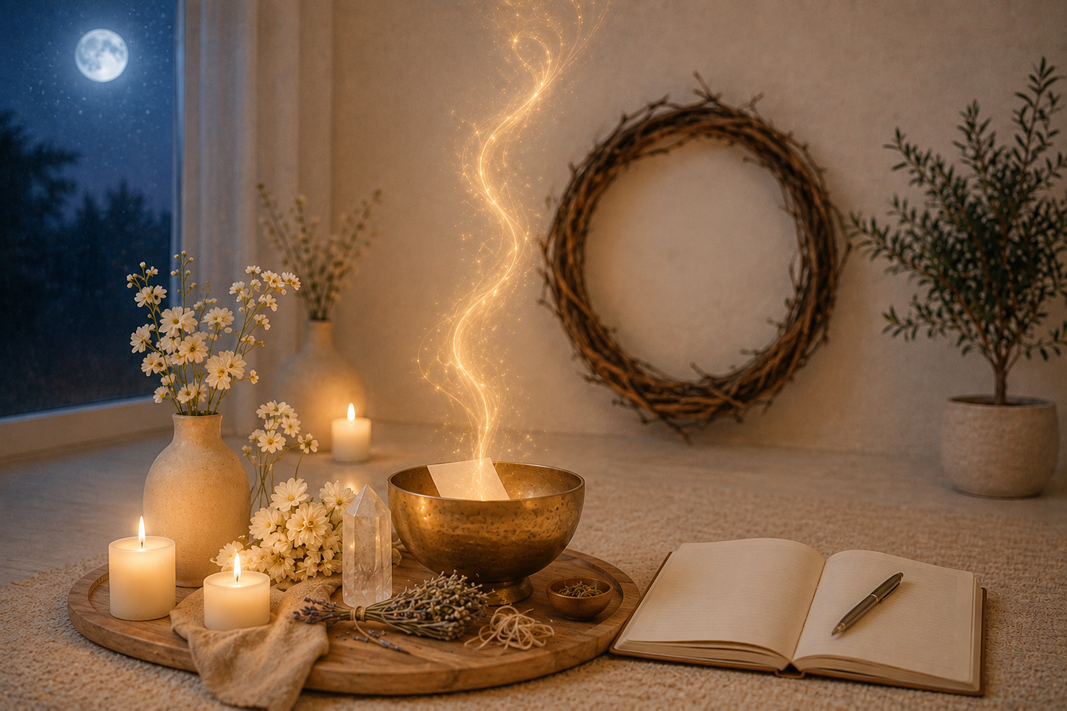 Candlelit ceremony altar with singing bowl and journal under a full moon