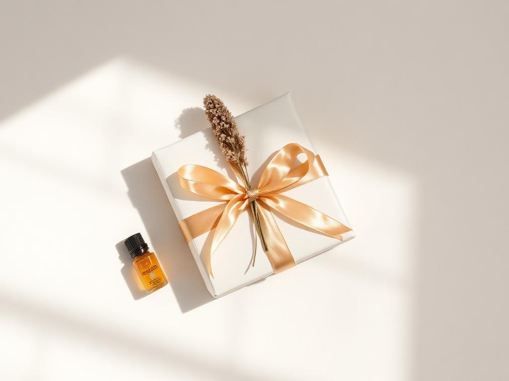A cream gift parcel tied with champagne gold ribbon