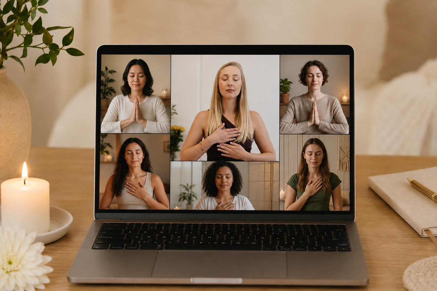 Laptop showing a group of women practising Reiki together online
