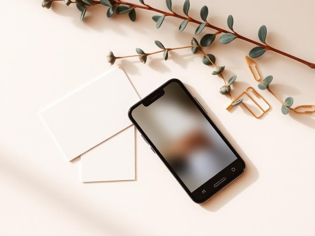 Blank practitioner cards and a phone profile on a cream desk