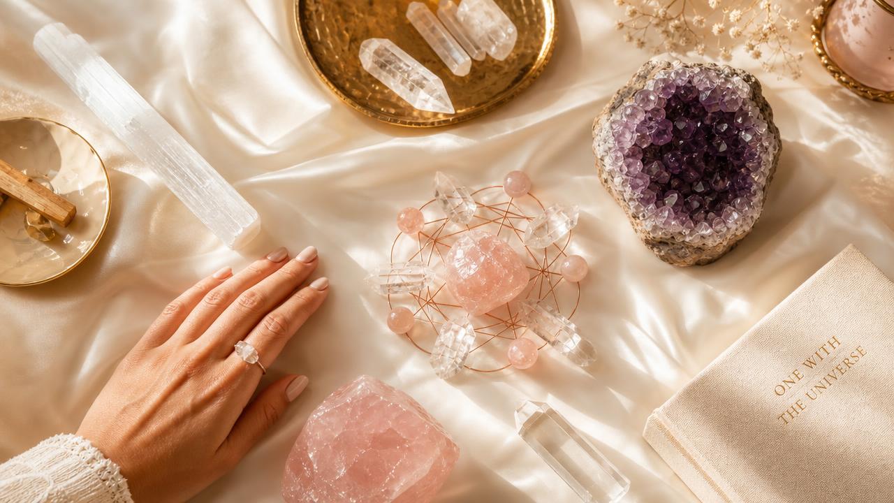Healing crystals arranged for a Reiki workshop